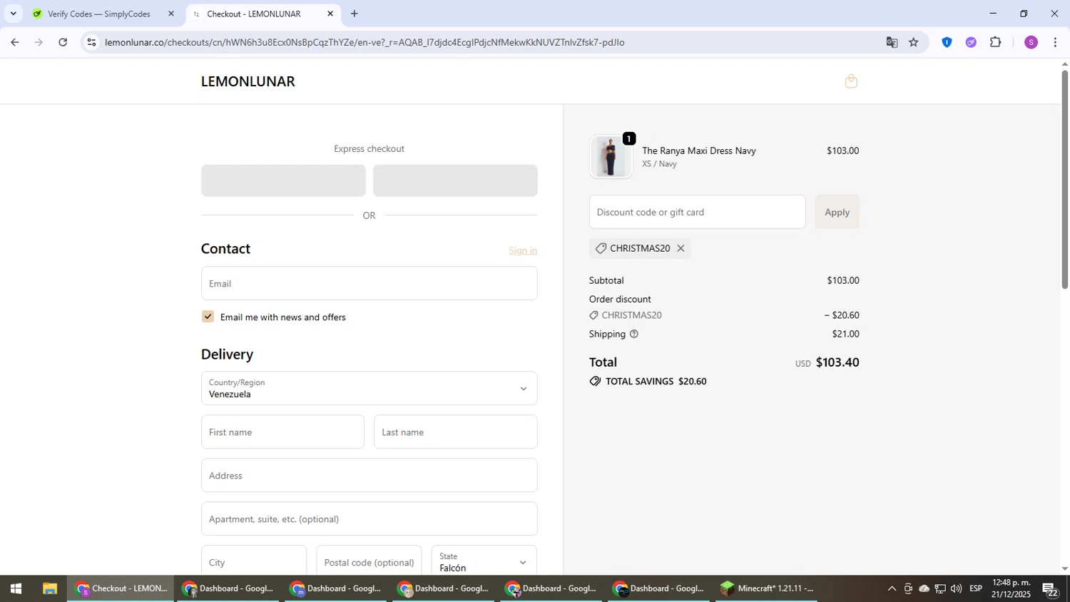Lemon Lunar UK promo code screenshot showing code CHRISTMAS20 applied at Lemon Lunar UK checkout page. Uploaded by SimplyCodes community member Son_Goku on Dec 21, 2025