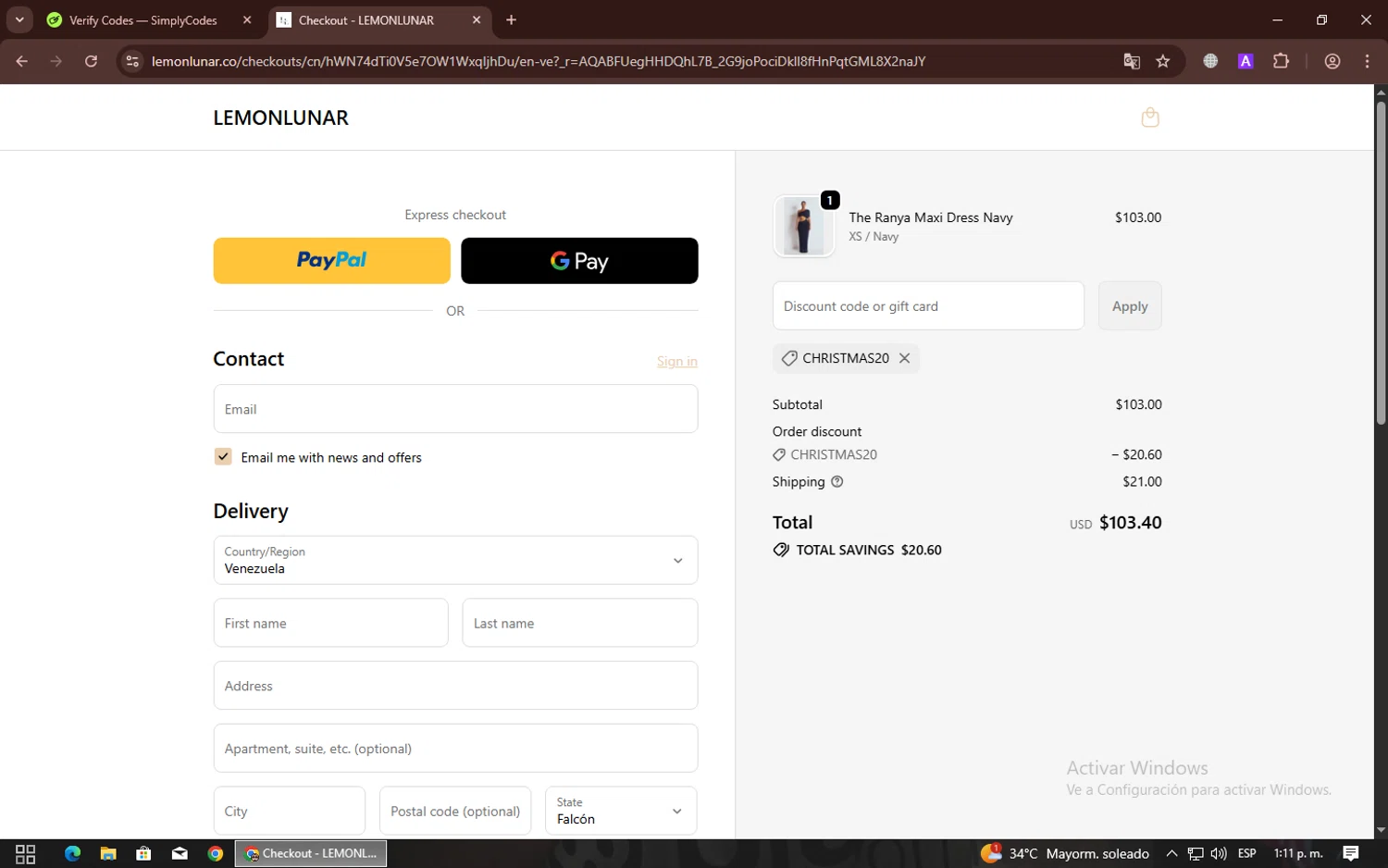 Lemon Lunar UK checkout page showing Lemon Lunar UK promo code box | Screenshot taken by SimplyCodes community member on Dec 31, 2025