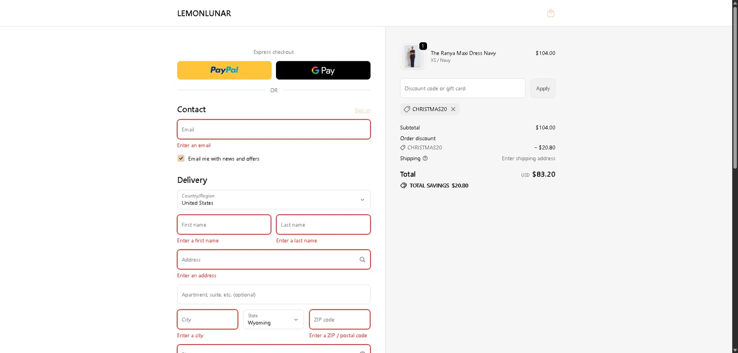 Lemon Lunar UK promo code screenshot showing code CHRISTMAS20 applied at Lemon Lunar UK checkout page. Uploaded by SimplyCodes community member VictoriousFinder4393 on Dec 26, 2025