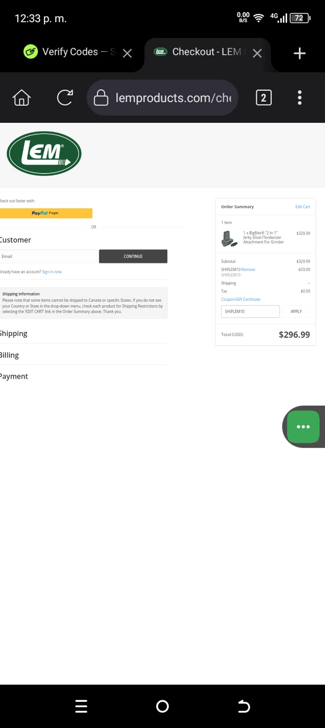 LEM Products coupon code screenshot showing code SHIPLEM10 applied at LEM Products checkout page. Uploaded by SimplyCodes community member Carolisea on Oct 22, 2025
