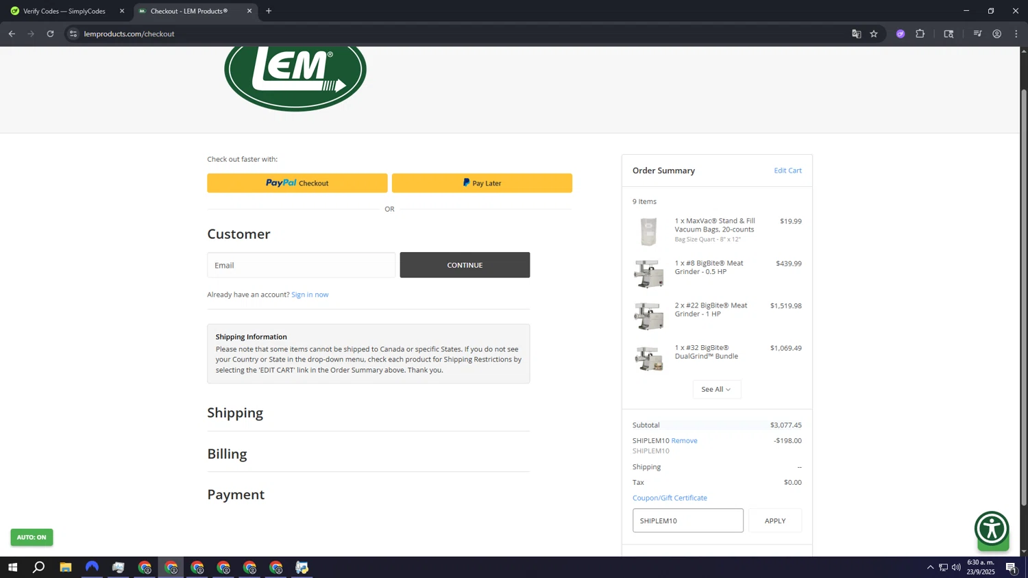 LEM Products coupon code screenshot showing code SHIPLEM10 applied at LEM Products checkout page. Uploaded by SimplyCodes community member aaaaaaaaaaaaaaaa on Sep 23, 2025