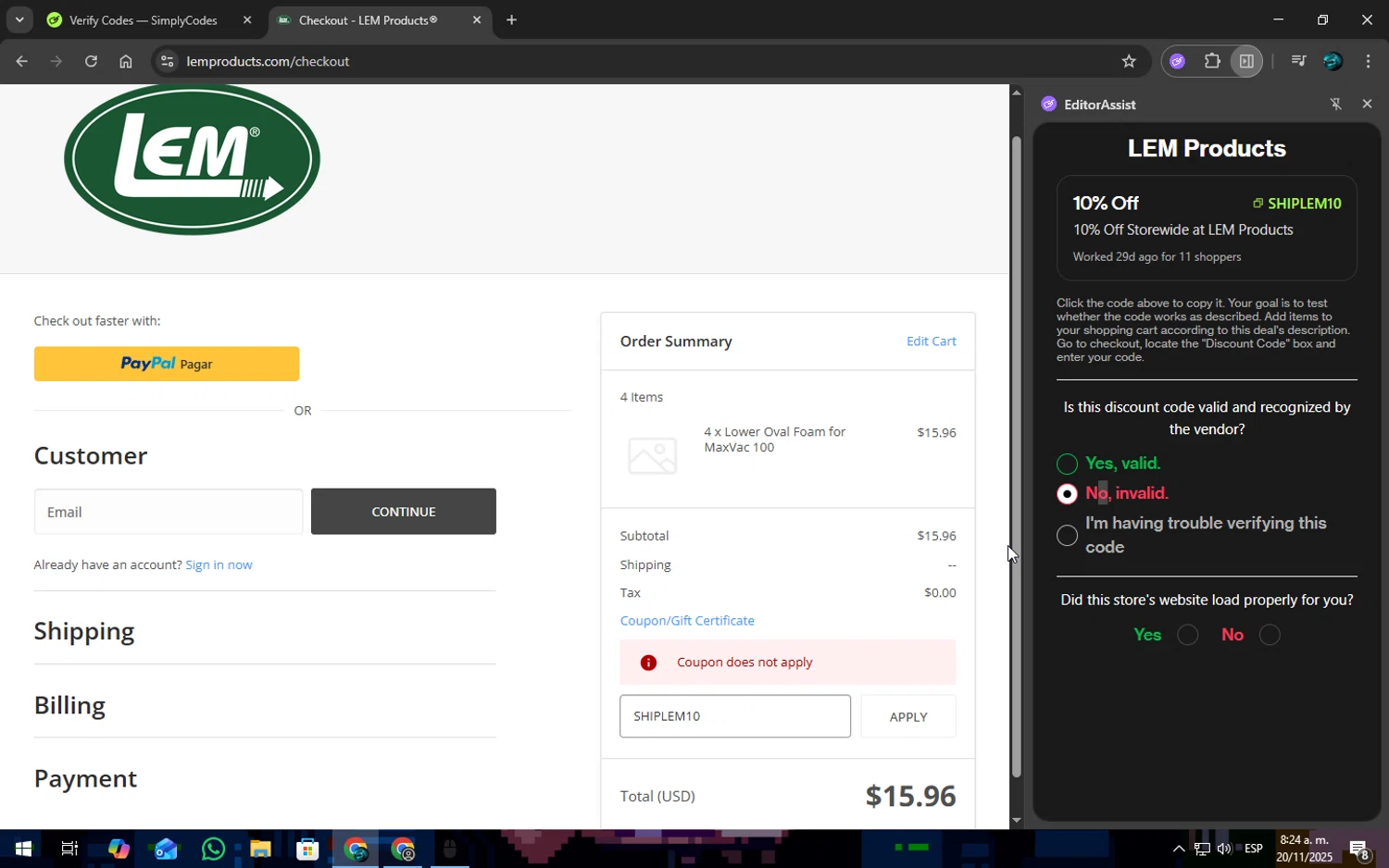 LEM Products coupon code screenshot showing code SHIPLEM10 applied at LEM Products checkout page. Uploaded by SimplyCodes community member SOPACONPAN on Nov 20, 2025