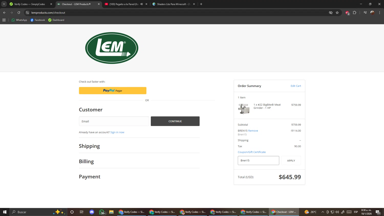 LEM Products coupon code screenshot showing code Bren15 applied at LEM Products checkout page. Uploaded by SimplyCodes community member ScanShopper554 on Jan 18, 2026