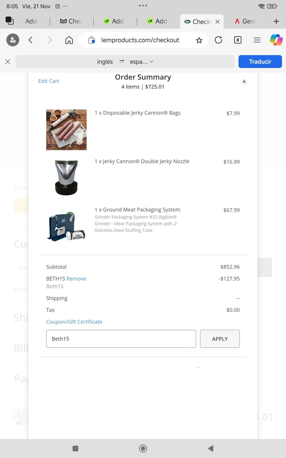 LEM Products coupon code screenshot showing code Beth15 applied at LEM Products checkout page. Uploaded by SimplyCodes community member KarinaHZ on Nov 21, 2025