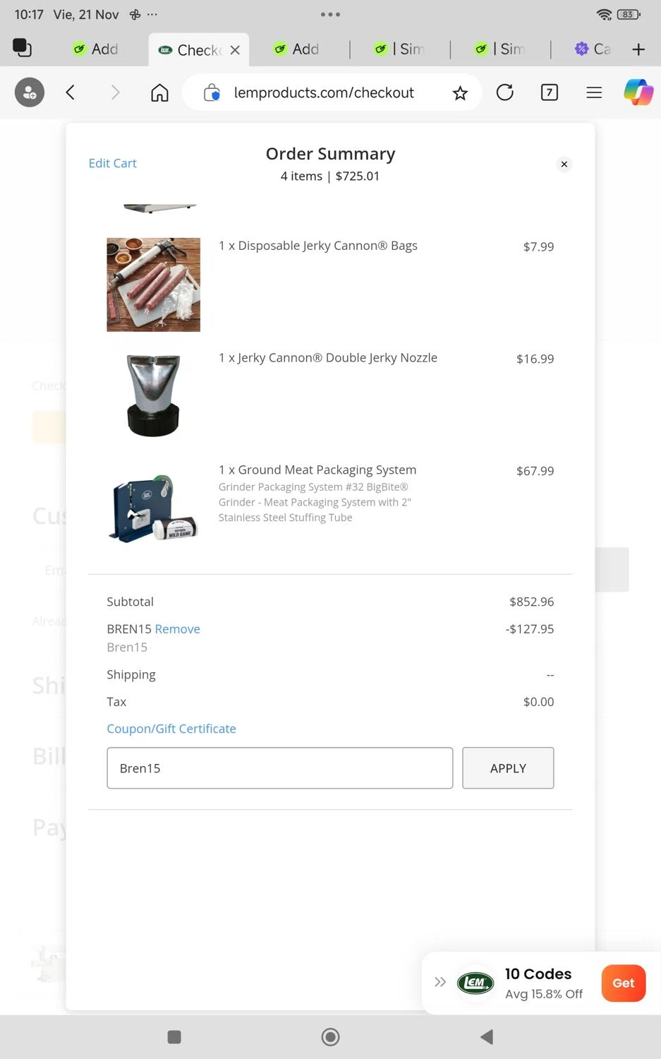 LEM Products coupon code screenshot showing code Bren15 applied at LEM Products checkout page. Uploaded by SimplyCodes community member KarinaHZ on Nov 21, 2025