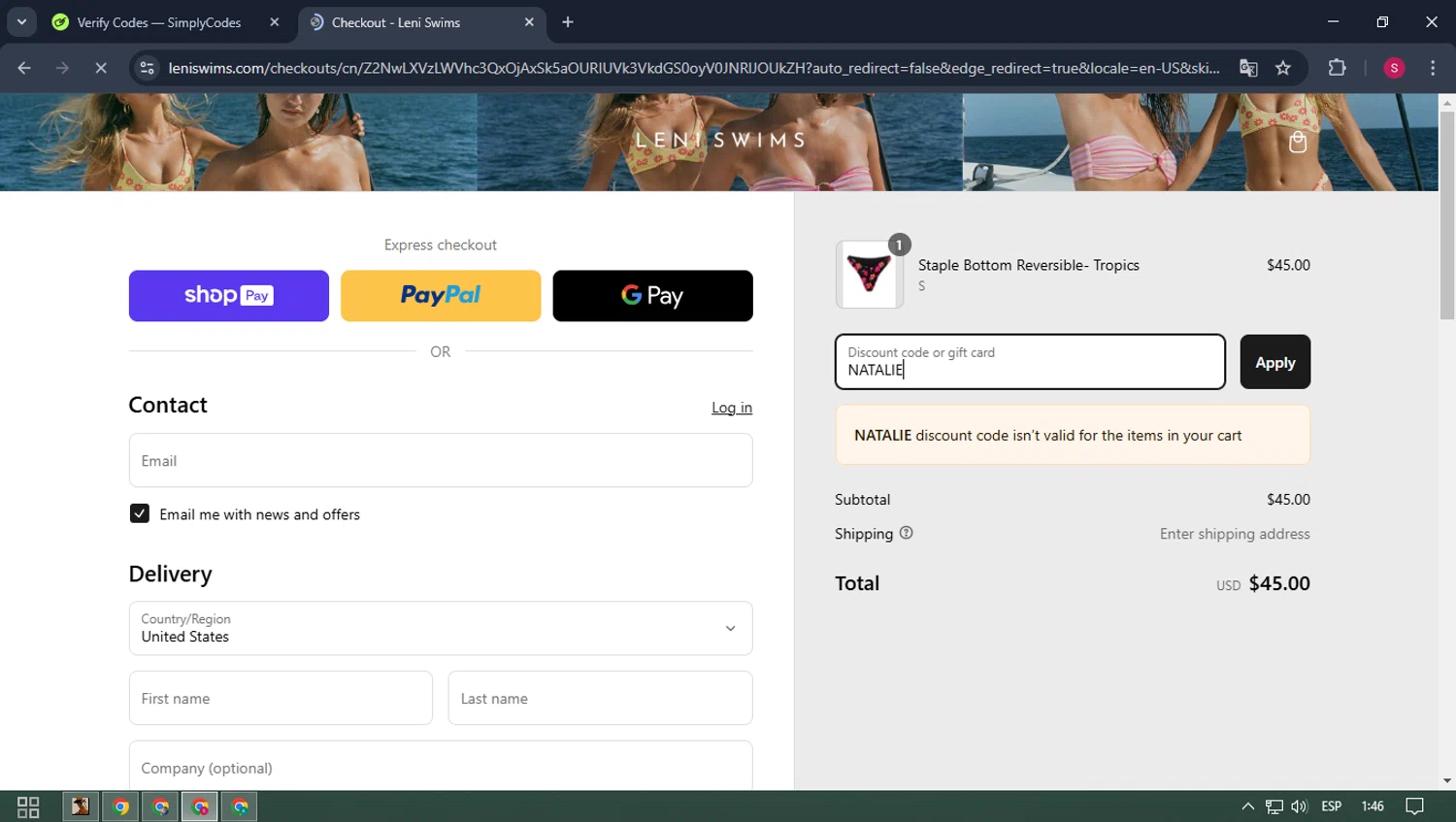 Leni Swims discount code screenshot showing code NATALIE applied at Leni Swims checkout page. Uploaded by SimplyCodes community member ELMORADO on Mar 10, 2025