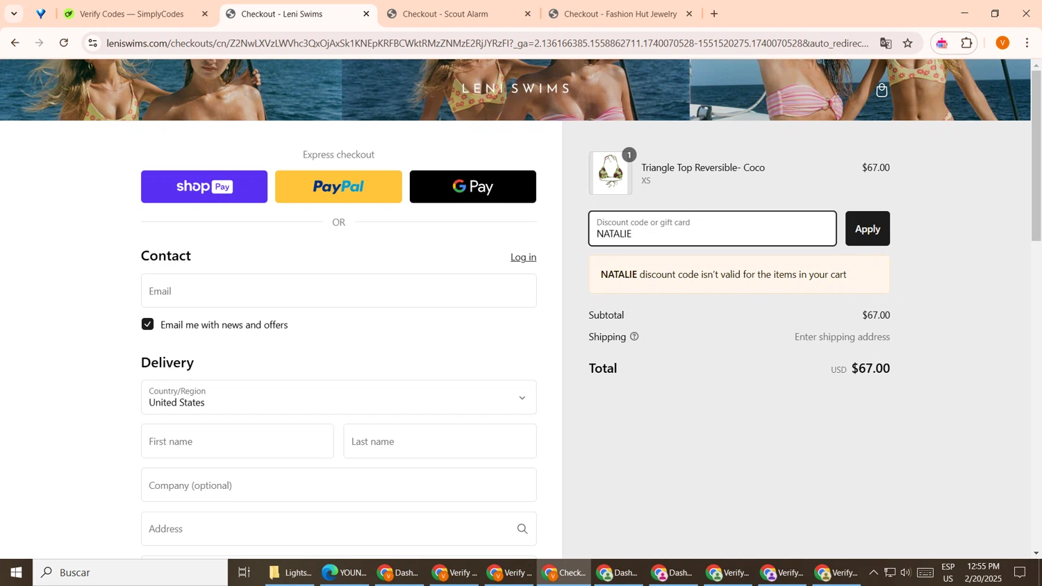 Leni Swims discount code screenshot showing code NATALIE applied at Leni Swims checkout page. Uploaded by SimplyCodes community member EpicCollector7561 on Feb 20, 2025