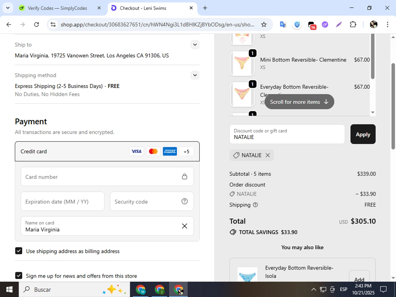 Leni Swims discount code screenshot showing code NATALIE applied at Leni Swims checkout page. Uploaded by SimplyCodes community member mariapolancog on Oct 21, 2025