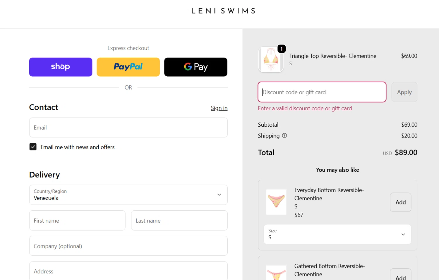 Leni Swims discount code screenshot showing code BF20 applied at Leni Swims checkout page. Uploaded by SimplyCodes community member Veigarwaton on Dec 3, 2025
