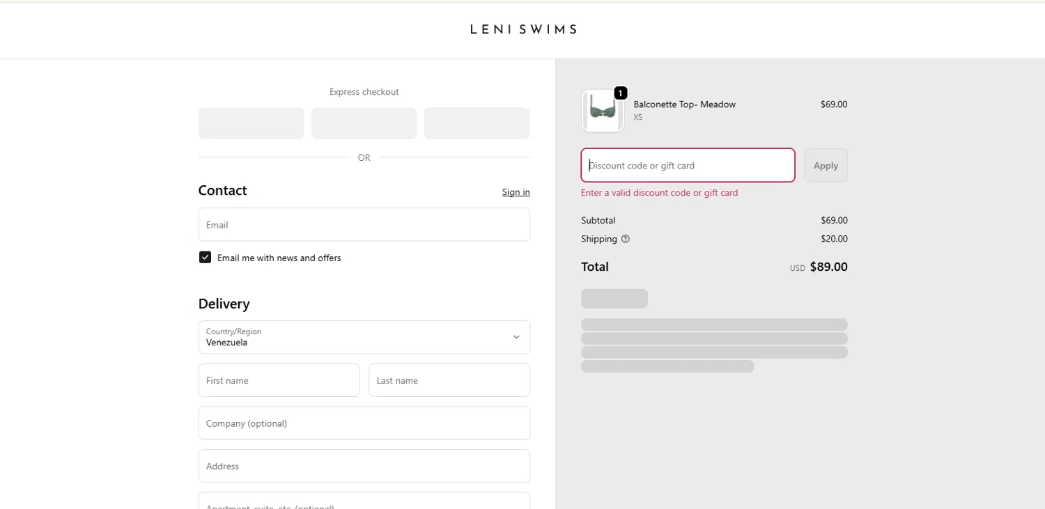 Leni Swims discount code screenshot showing code BF20 applied at Leni Swims checkout page. Uploaded by SimplyCodes community member kalltrom21 on Dec 3, 2025
