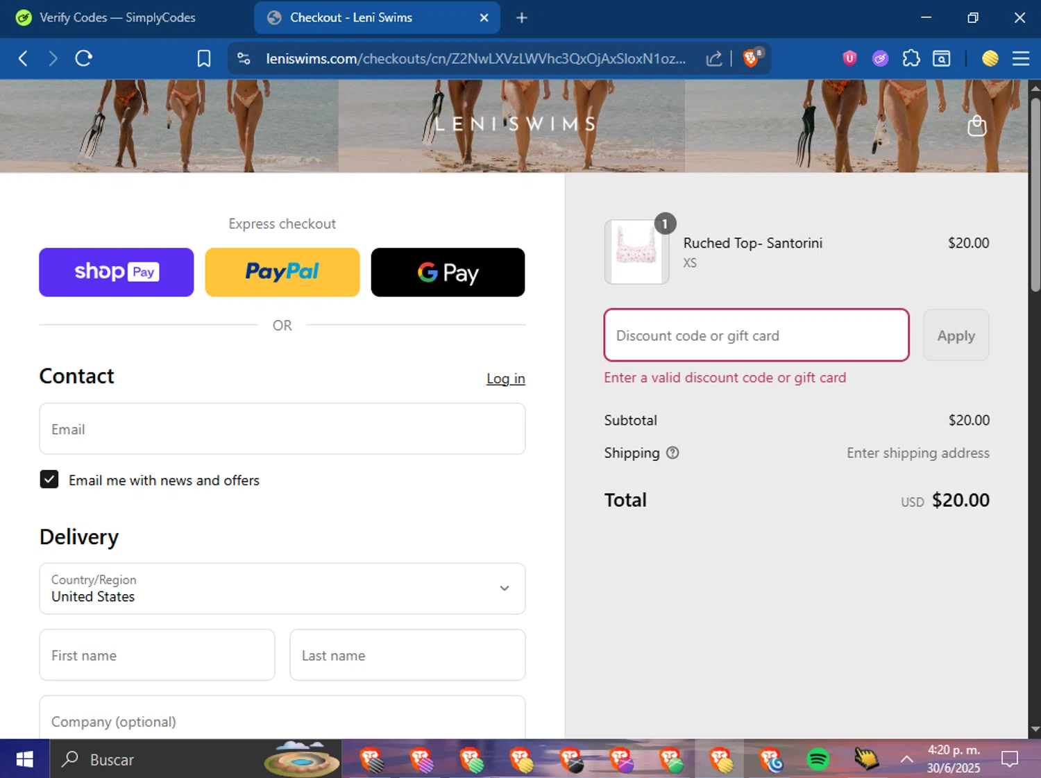 Leni Swims discount code screenshot showing code FURTHER10 applied at Leni Swims checkout page. Uploaded by SimplyCodes community member ElVerificador on Jun 30, 2025