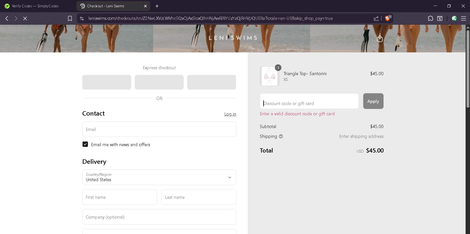Leni Swims discount code screenshot showing code FURTHER10 applied at Leni Swims checkout page. Uploaded by SimplyCodes community member Estefani4 on Jun 30, 2025