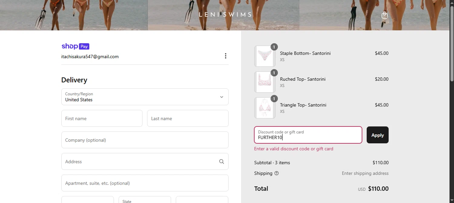 Leni Swims discount code screenshot showing code FURTHER10 applied at Leni Swims checkout page. Uploaded by SimplyCodes community member noworries on Jun 30, 2025