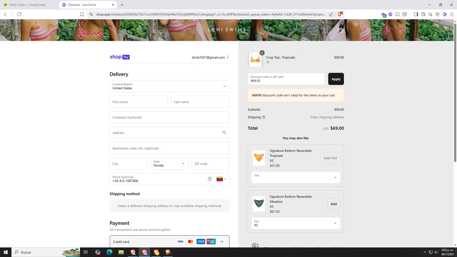 Leni Swims discount code screenshot showing code AVA10 applied at Leni Swims checkout page. Uploaded by SimplyCodes community member Hasta_El_Final on Jul 30, 2025