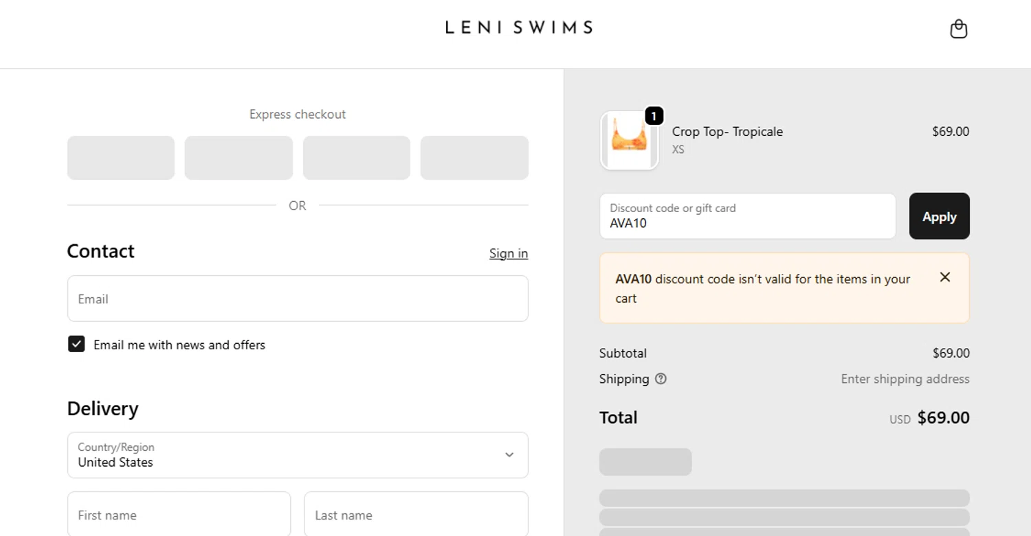 Leni Swims discount code screenshot showing code AVA10 applied at Leni Swims checkout page. Uploaded by SimplyCodes community member Juanls04 on Oct 30, 2025