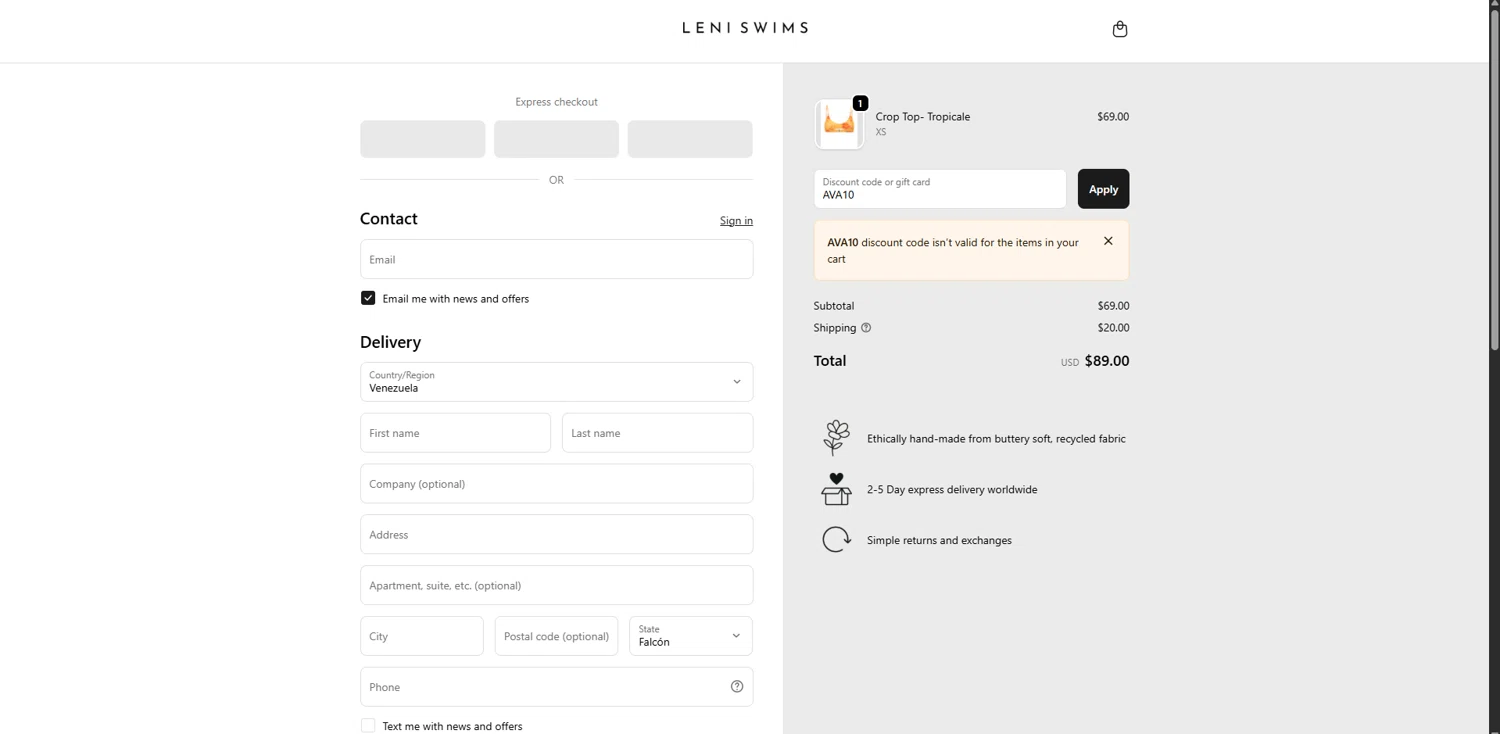 Leni Swims discount code screenshot showing code AVA10 applied at Leni Swims checkout page. Uploaded by SimplyCodes community member TreasureChaser3010 on Oct 26, 2025