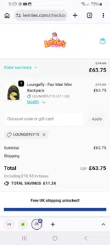 LOUNGEFLY15 coupon verification screenshot