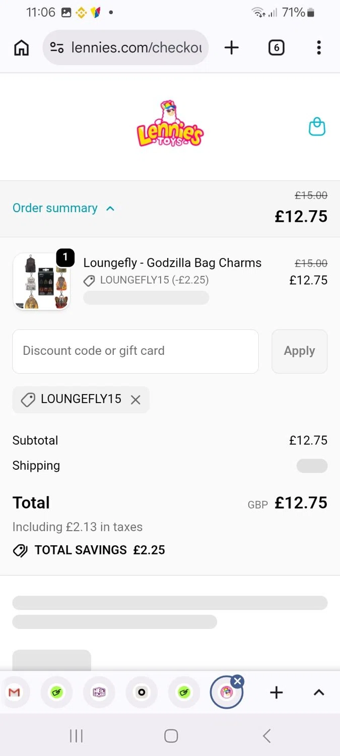 Lennies Toys promo code screenshot showing code LOUNGEFLY15 applied at Lennies Toys checkout page. Uploaded by SimplyCodes community member ScanMaverick9378 on Jun 4, 2026