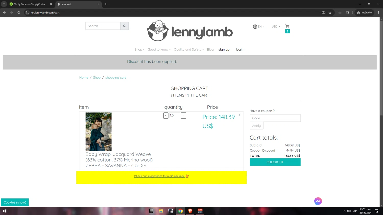 LennyLamb checkout page showing LennyLamb discount code box | Screenshot taken by SimplyCodes community member on Oct 23, 2024