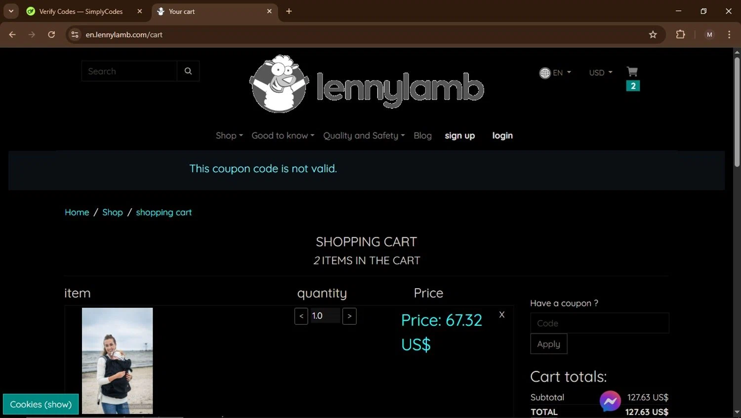 LennyLamb discount code screenshot showing code KAYANDGERDA applied at LennyLamb checkout page. Uploaded by SimplyCodes community member Carrillojose on Mar 24, 2025