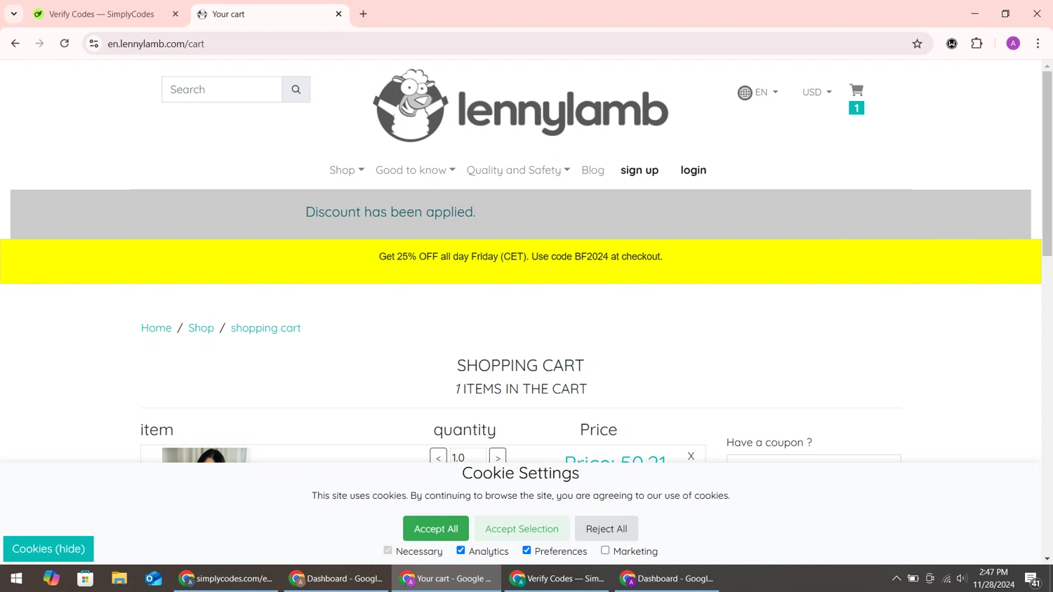 LennyLamb checkout page showing LennyLamb discount code box | Screenshot taken by SimplyCodes community member on Nov 28, 2024