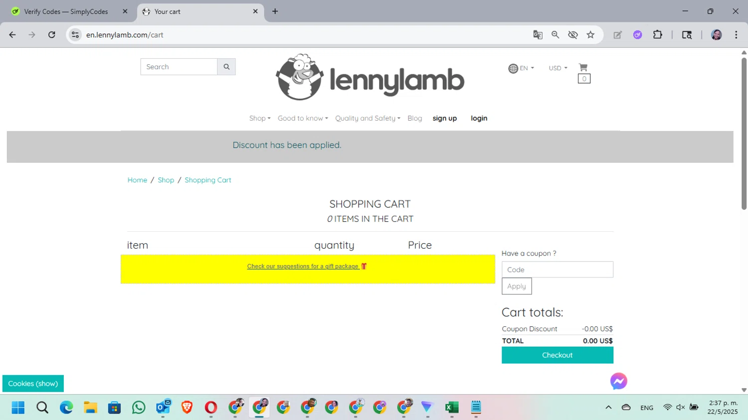 LennyLamb discount code screenshot showing code MAY25 applied at LennyLamb checkout page. Uploaded by SimplyCodes community member MarielisPb on May 22, 2025
