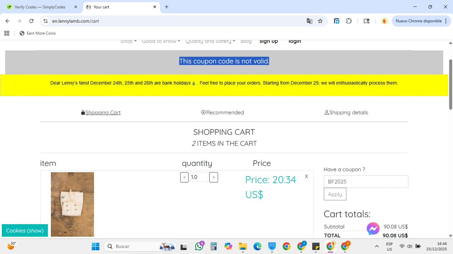 LennyLamb discount code screenshot showing code BF2025 applied at LennyLamb checkout page. Uploaded by SimplyCodes community member DiscountCollector3543 on Dec 25, 2025