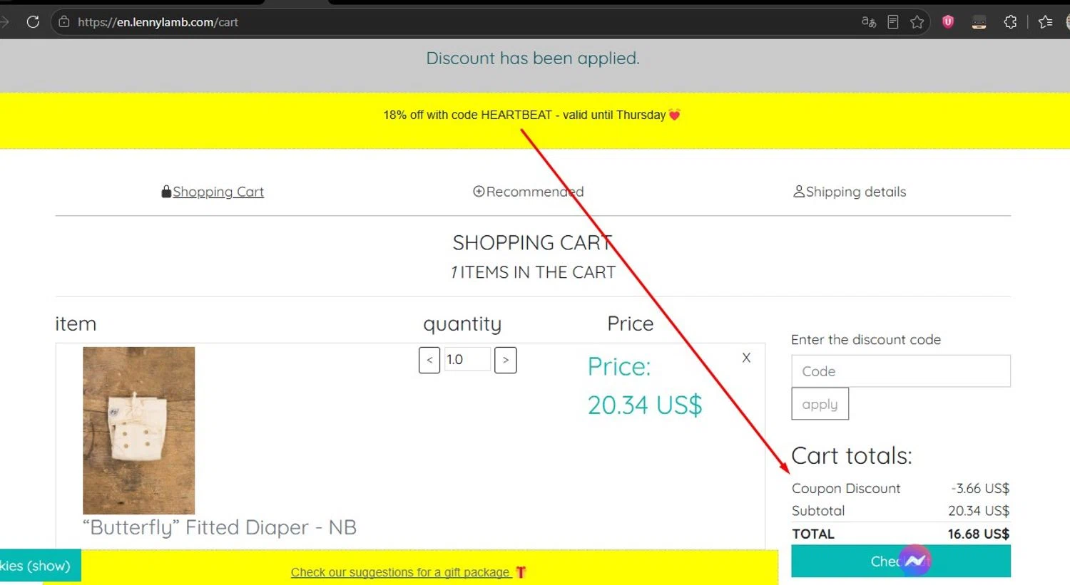 LennyLamb promo code screenshot showing code HEARTBEAT applied at LennyLamb checkout page. Uploaded by SimplyCodes community member HonestVzla on May 26, 2026