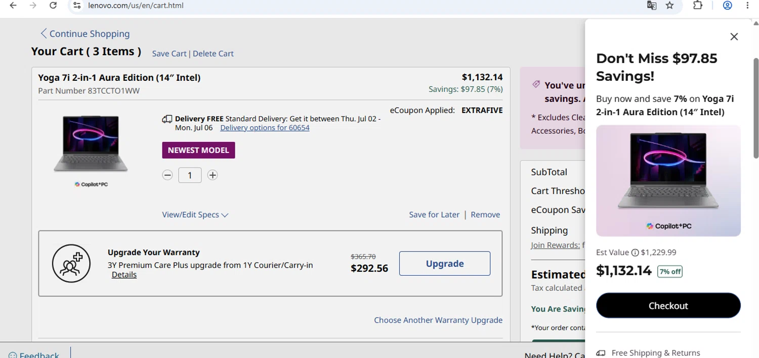 Verification screenshot for 5% Off Yoga 7 2-in-1 at Lenovo - 29d ago