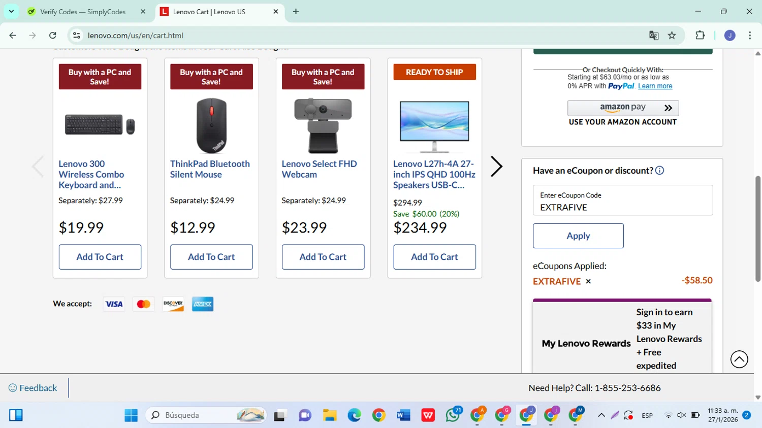 Lenovo checkout page showing Lenovo coupon code box | Screenshot taken by SimplyCodes community member on Jan 27, 2026