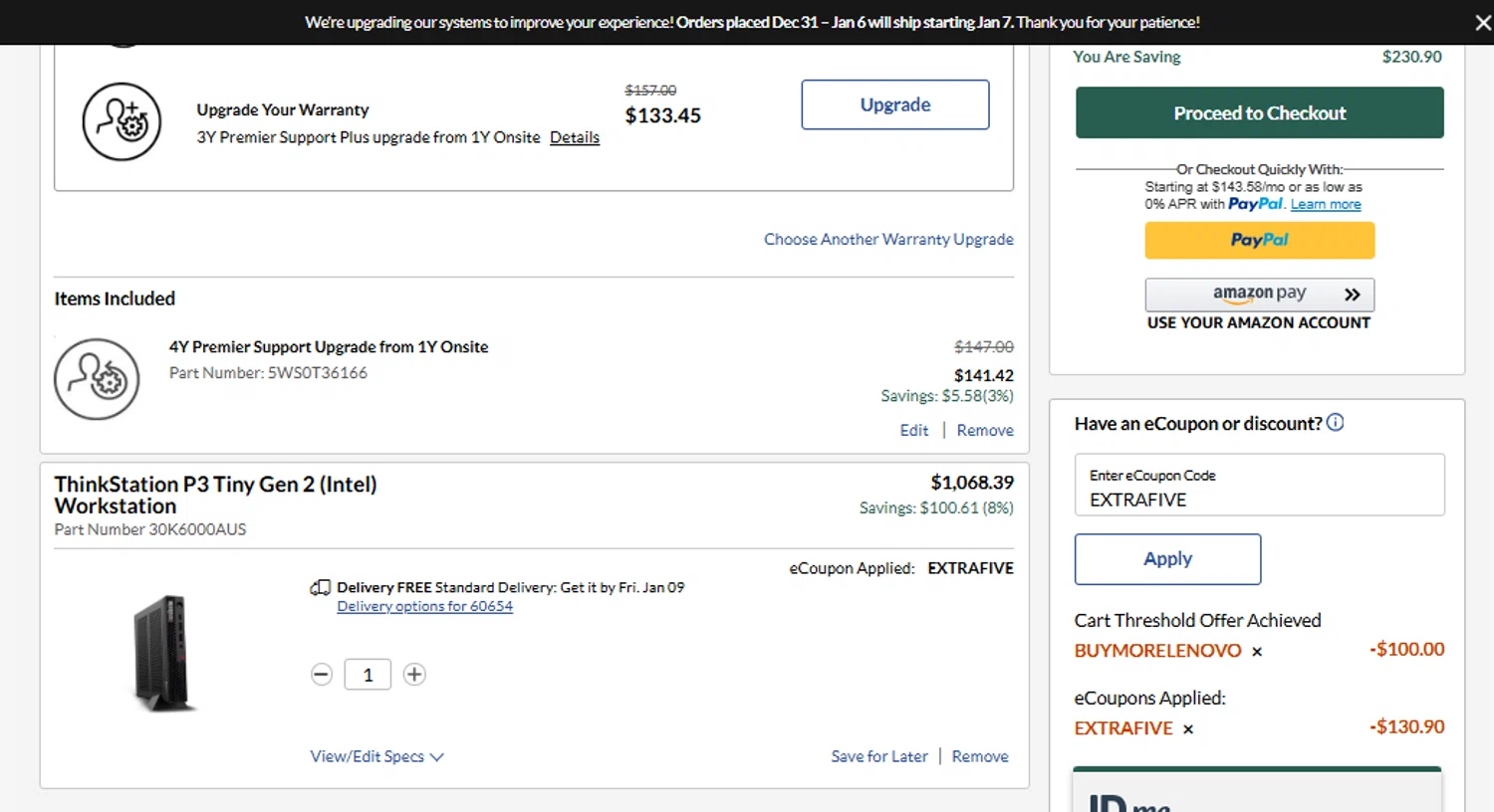 Lenovo checkout page showing Lenovo coupon code box | Screenshot taken by SimplyCodes community member on Jan 6, 2026