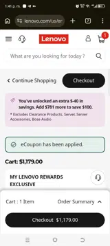 Lenovo coupon verification screenshot