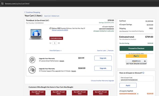 Lenovo checkout page showing Lenovo coupon code box | Screenshot taken by SimplyCodes community member on Sep 24, 2025