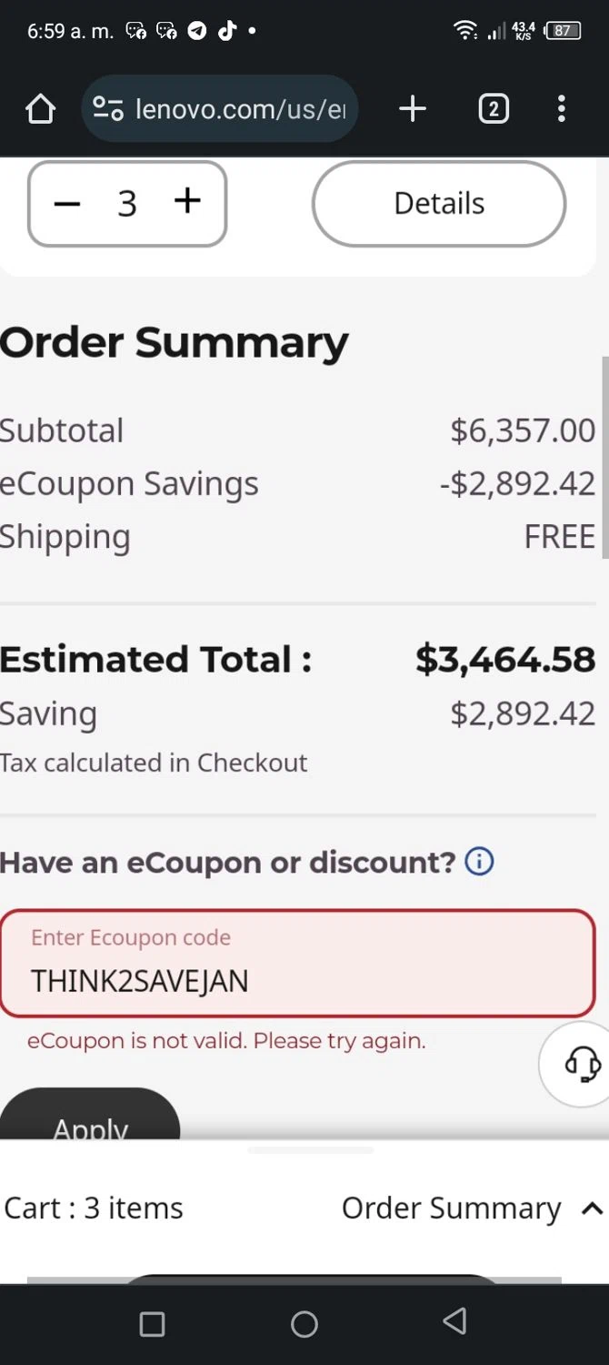 Lenovo coupon code screenshot showing code THINK2SAVEJAN applied at Lenovo checkout page. Uploaded by SimplyCodes community member Firmino on Feb 3, 2025