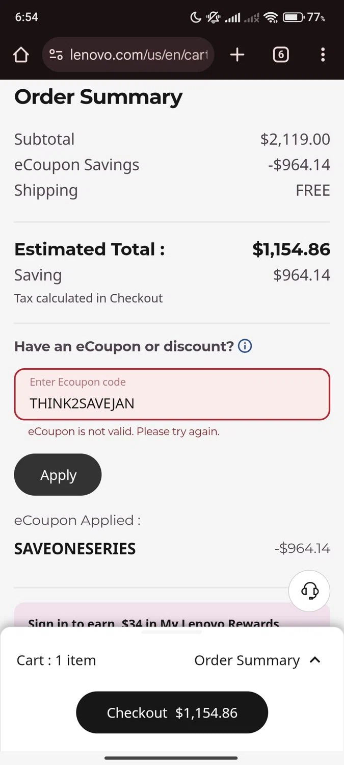 Lenovo coupon code screenshot showing code THINK2SAVEJAN applied at Lenovo checkout page. Uploaded by SimplyCodes community member Manguito_Chambeador on Feb 3, 2025