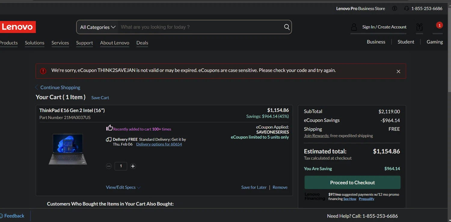 Lenovo coupon code screenshot showing code THINK2SAVEJAN applied at Lenovo checkout page. Uploaded by SimplyCodes community member Ray_YNN on Feb 3, 2025
