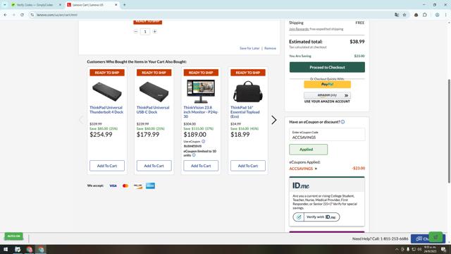 Lenovo checkout page showing Lenovo coupon code box | Screenshot taken by SimplyCodes community member on Sep 24, 2025