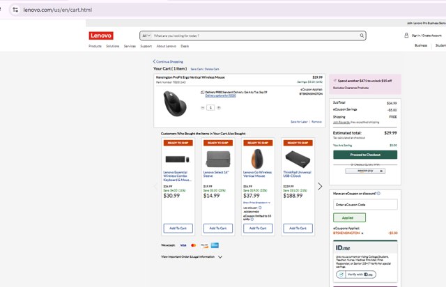 Lenovo checkout page showing Lenovo coupon code box | Screenshot taken by SimplyCodes community member on Sep 2, 2025