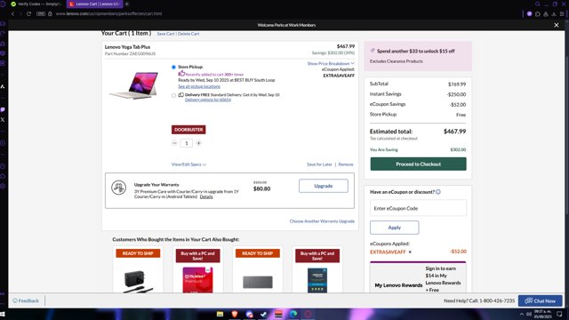 Lenovo checkout page showing Lenovo coupon code box | Screenshot taken by SimplyCodes community member on Sep 5, 2025