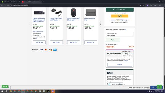 Lenovo checkout page showing Lenovo coupon code box | Screenshot taken by SimplyCodes community member on Sep 24, 2025