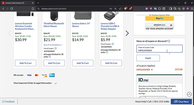 Lenovo checkout page showing Lenovo coupon code box | Screenshot taken by SimplyCodes community member on Sep 2, 2025