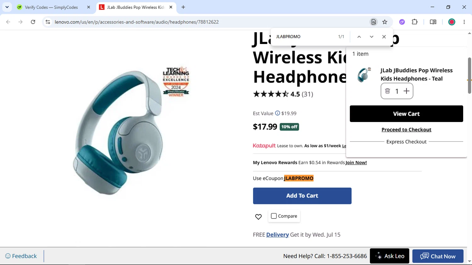 Verification screenshot for 10% Off Jlab Jbuddies Pop Wireless Kids Headphones Teal at Lenovo - 6d ago