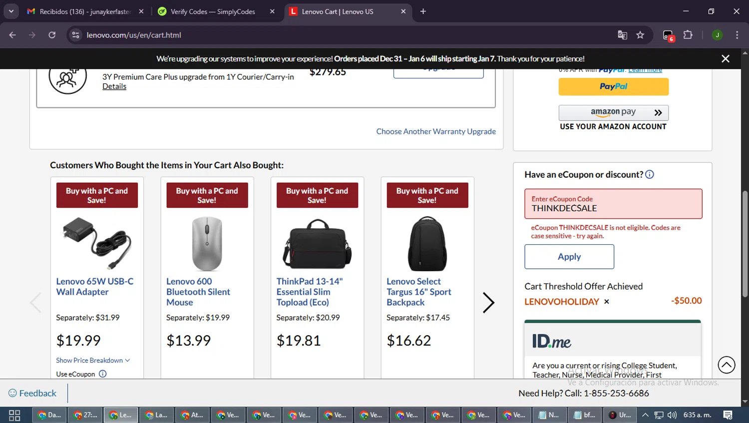 Lenovo checkout page showing Lenovo coupon code box | Screenshot taken by SimplyCodes community member on Jan 4, 2026