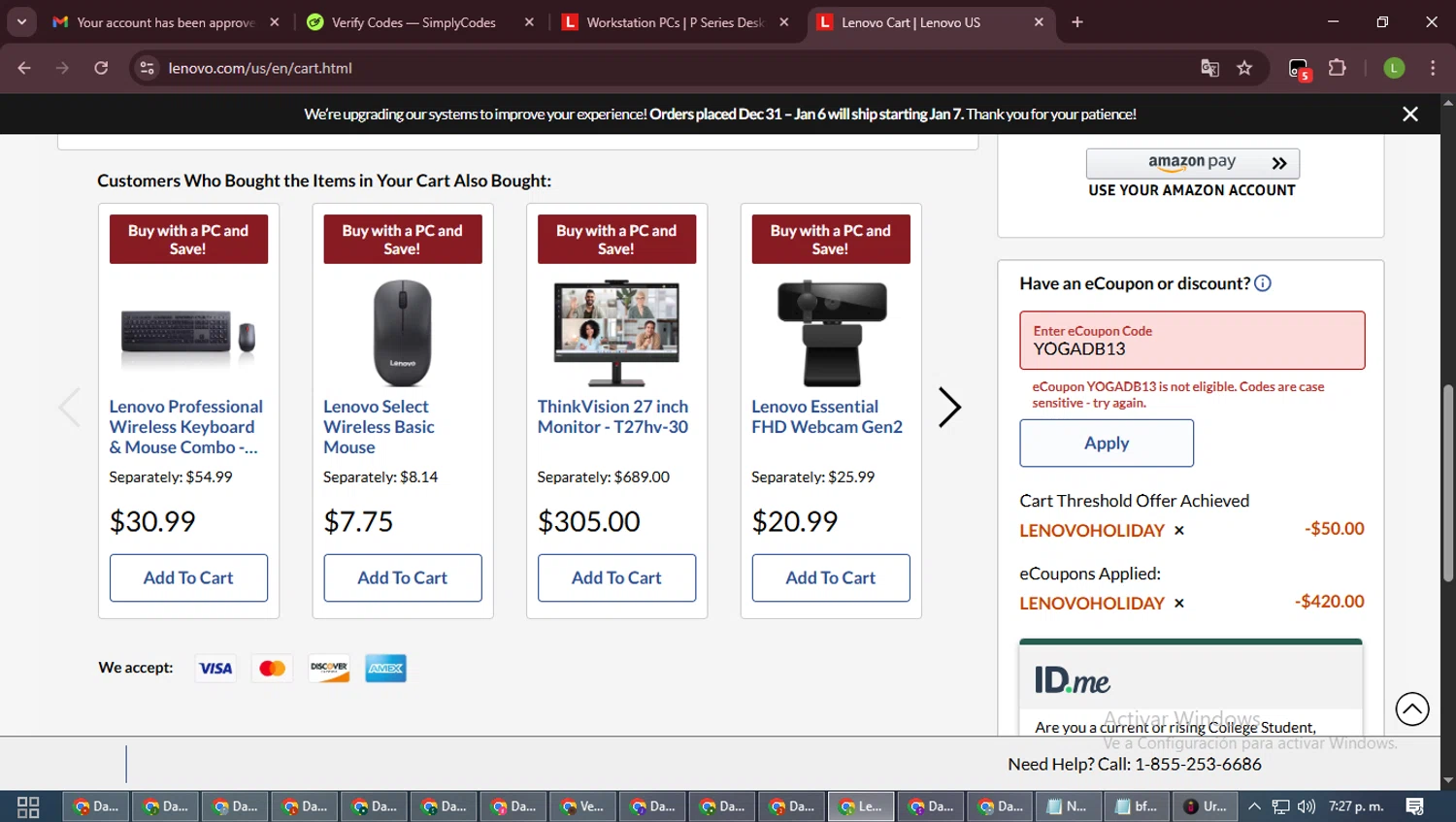 Lenovo checkout page showing Lenovo coupon code box | Screenshot taken by SimplyCodes community member on Jan 4, 2026