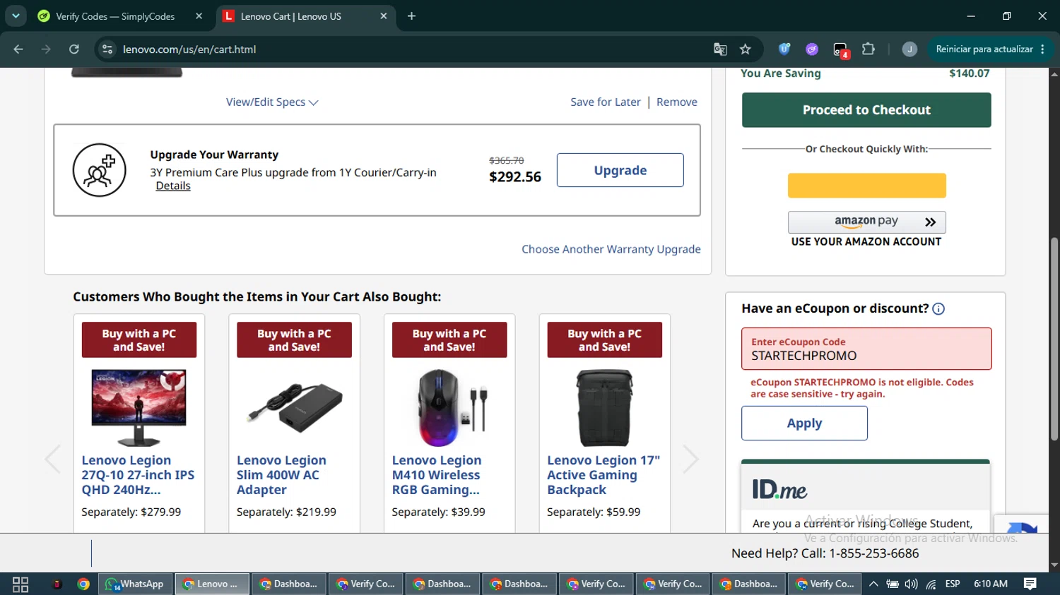 Verification screenshot for 18% Off Startech Com Displayport to Dvi Adapter (members Only) at Lenovo - 12d ago