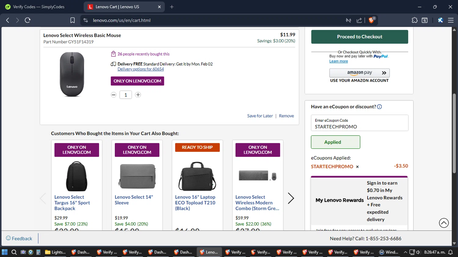 Lenovo checkout page showing Lenovo coupon code box | Screenshot taken by SimplyCodes community member on Jan 27, 2026