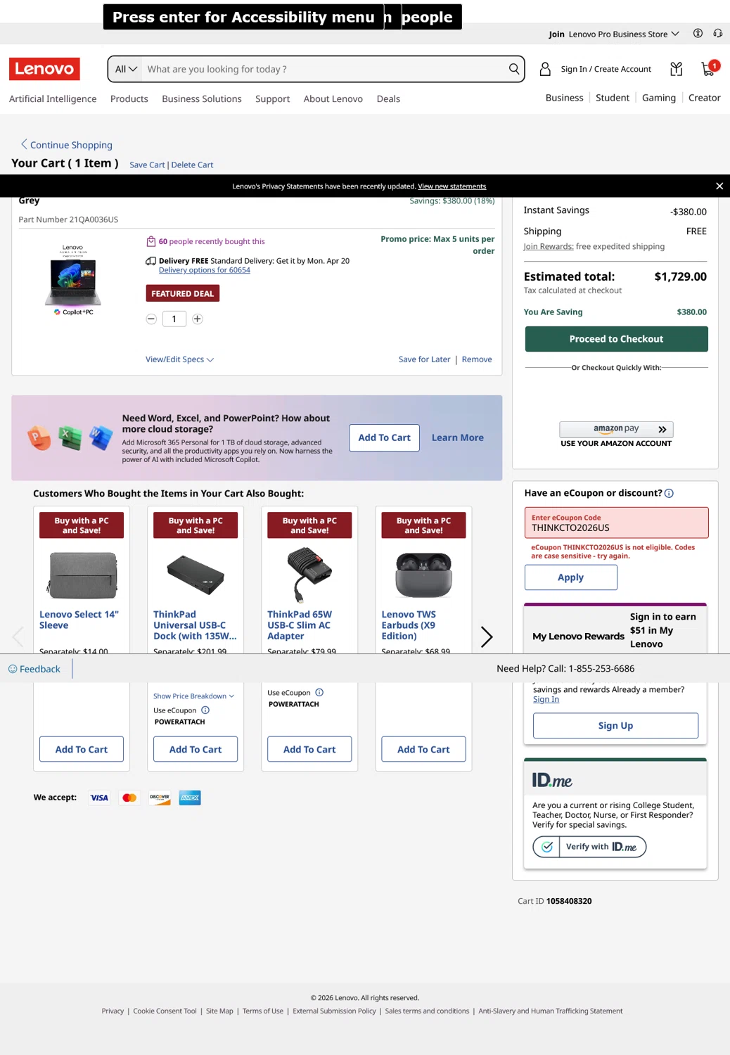 Verification screenshot for $70 Off Select Items (Members Only) at Lenovo — 50d ago