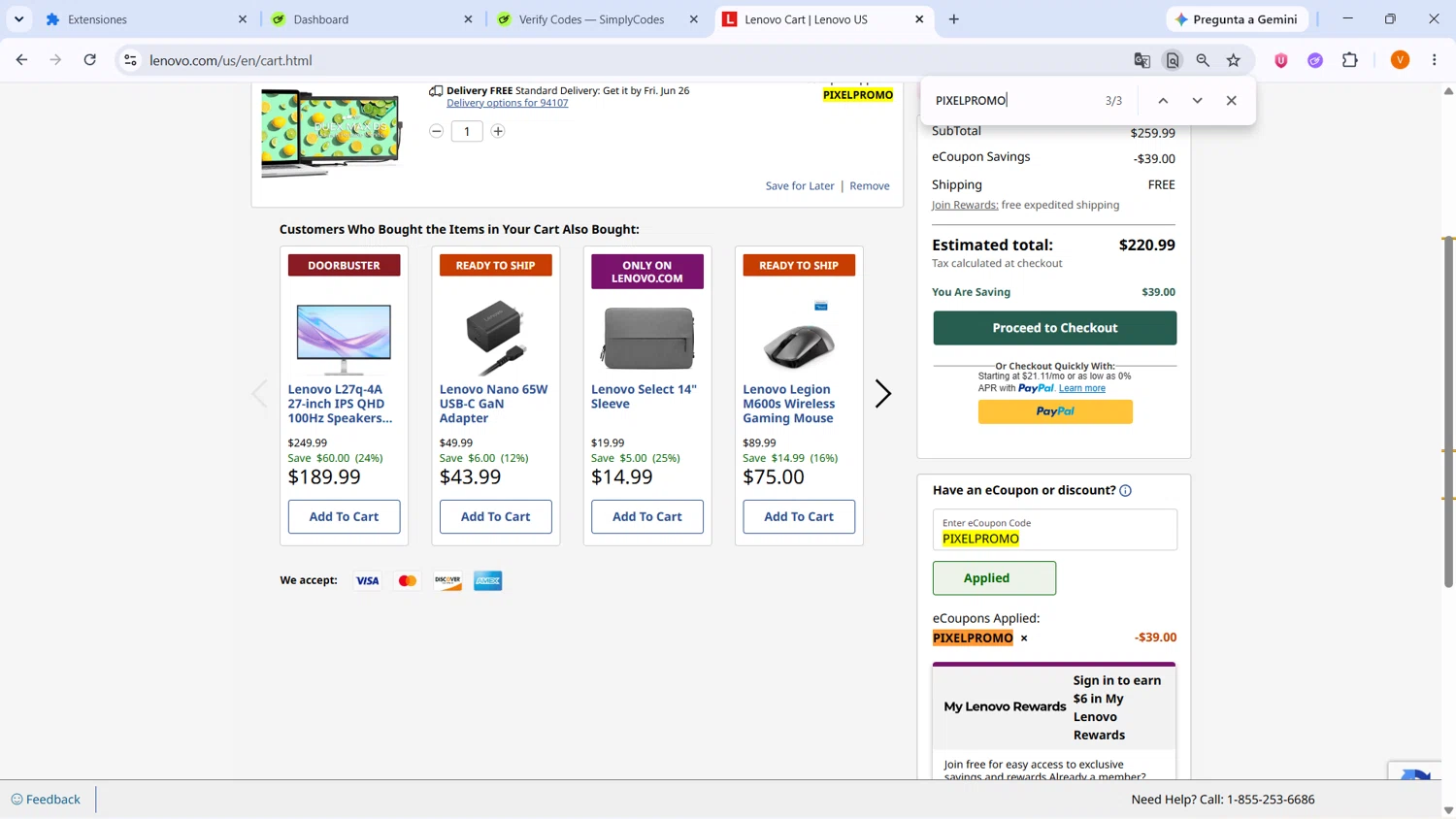 Verification screenshot for $27 Off Mobile Pixels Glance 16 Inch Lcd Portable Monitor at Lenovo - 3d ago