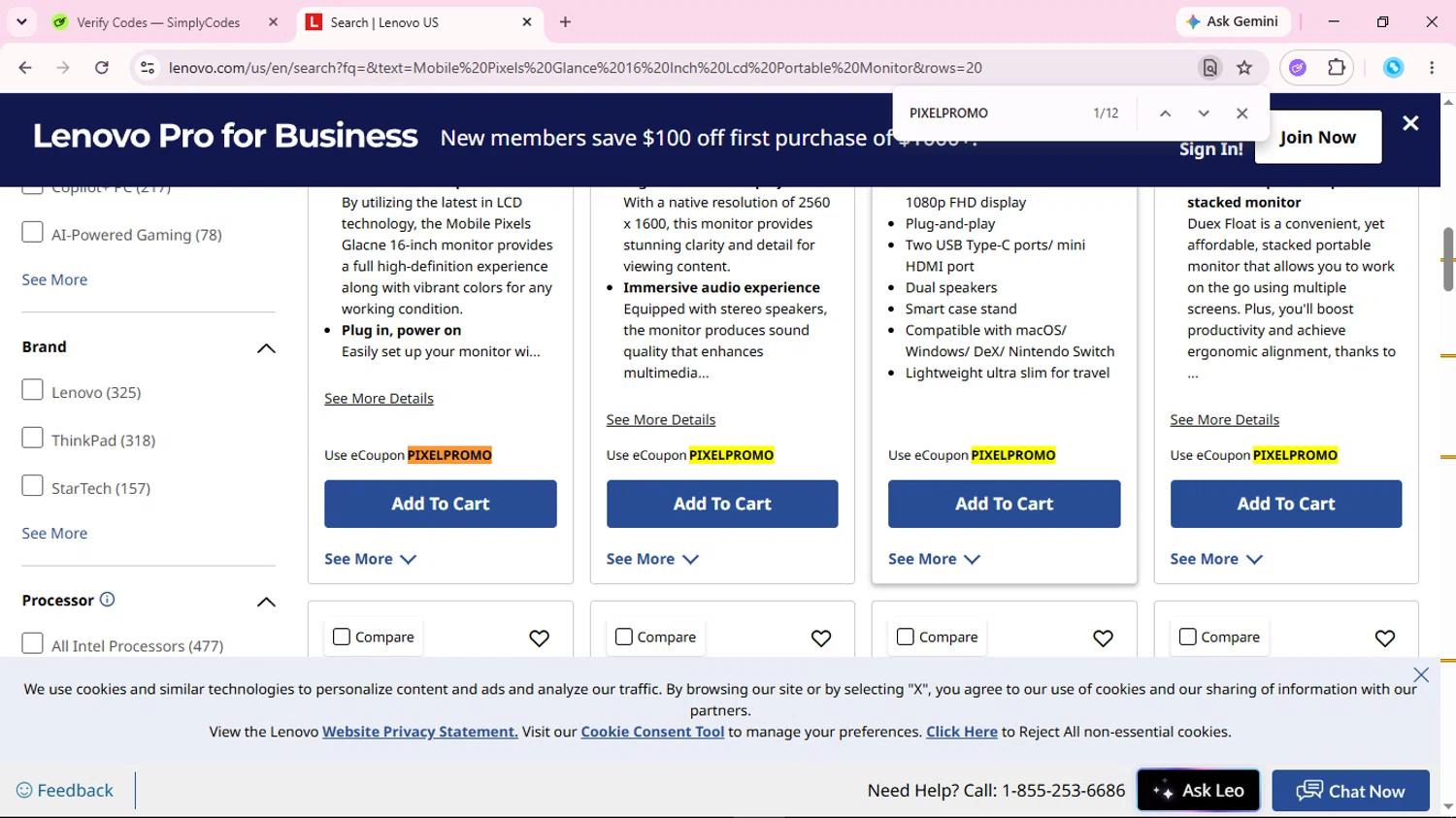 Verification screenshot for $27 Off Mobile Pixels Glance 16 Inch Lcd Portable Monitor at Lenovo - 1d ago