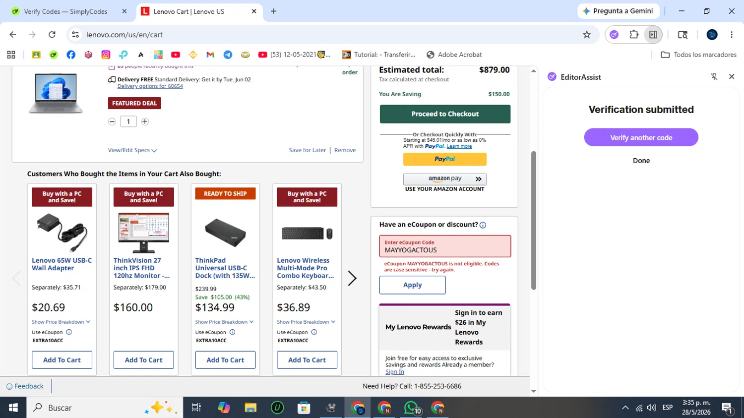 Verification screenshot for $161 Off Yoga Pro 9i Aura Edition 16 Intel at Lenovo — 6d ago